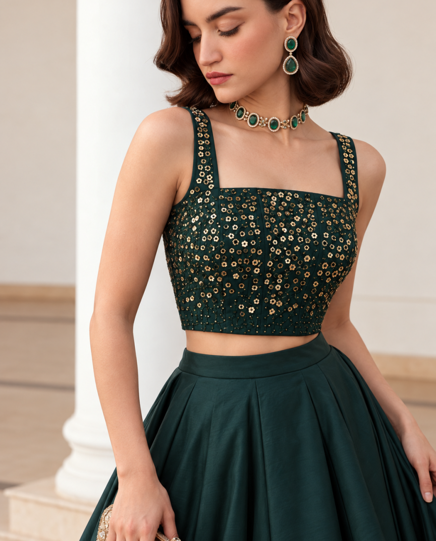 9005 Green - Green Silk Plain Work Ceremonial Lehenga Choli